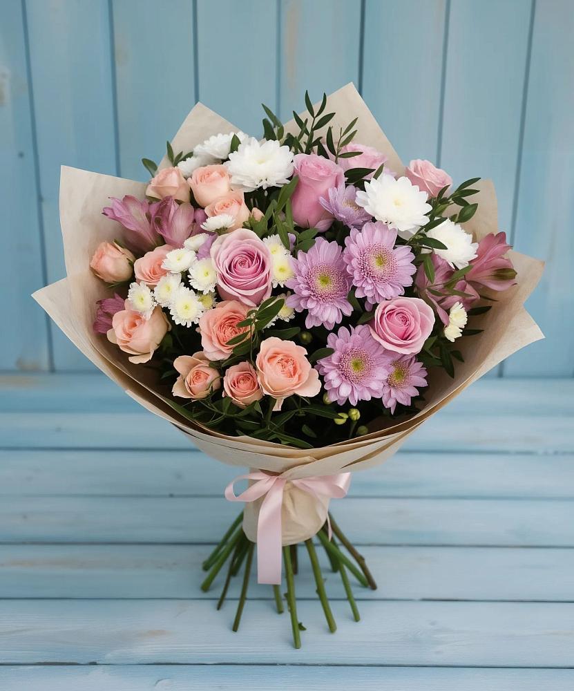 Букет цветов из: Хризантемы, Розы и Альстромерии в Новопокровское 