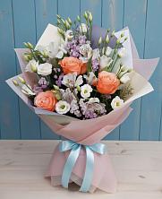 Букет цветов из:  Лизиантусы, Розы, Альстромерии и Гипсофила в Новопокровское 