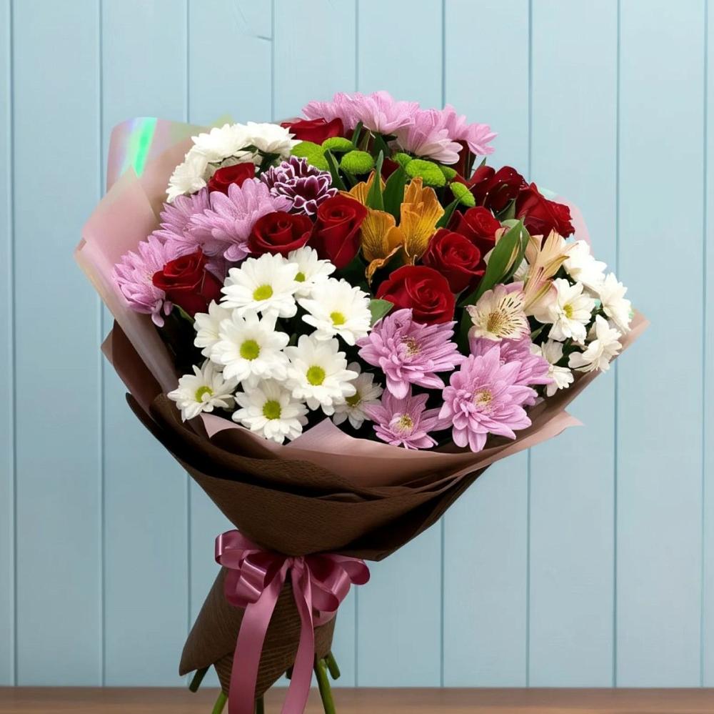 Букет цветов из: Розы, Хризантемы и Альстромерии в Новопокровское 