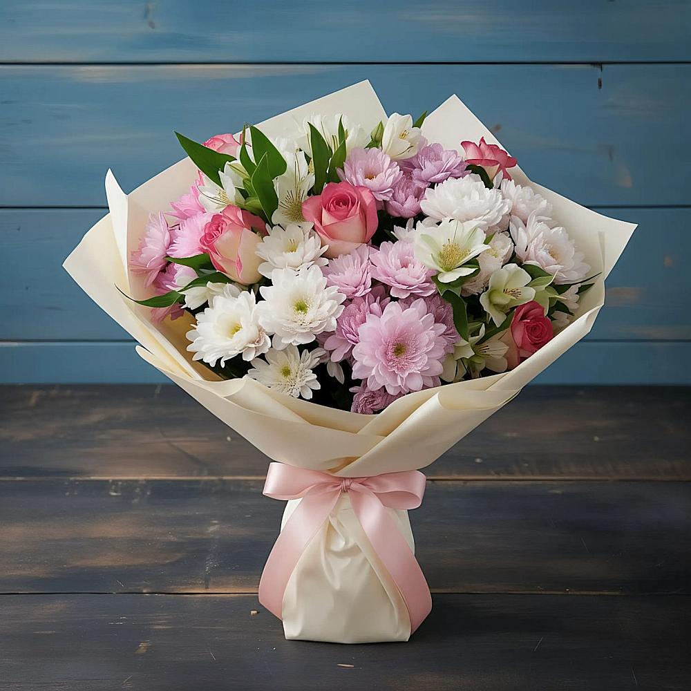 Букет цветов из: Хризантемы, Альстромерии и Розы в Новопокровское 